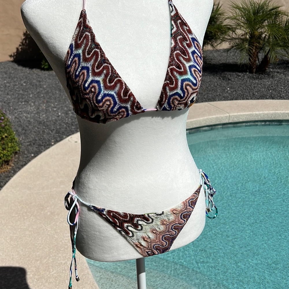 Missoni zigzag and floral reversible triangle bikini with matching bag